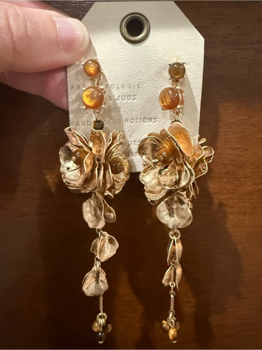 By Anthropologie Floral Drop Earrings - Gold and Tiger Eye
